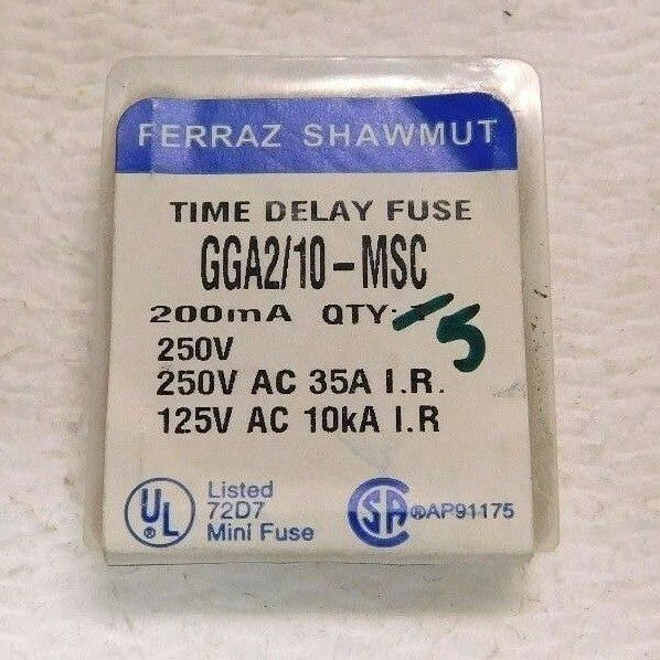 Ferraz Shawmut Time Delay Miniature Glass Fuse 250V 0.20A Qty. 5 GGA2/10-MSC