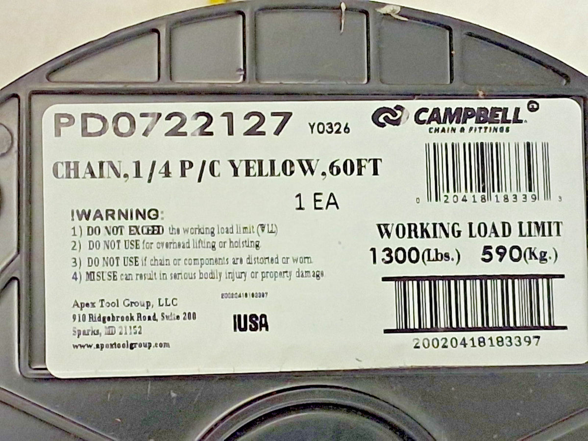 Campbell Carbon Steel Welded Chain 1300 Load Cap 60ft Long PD0722127