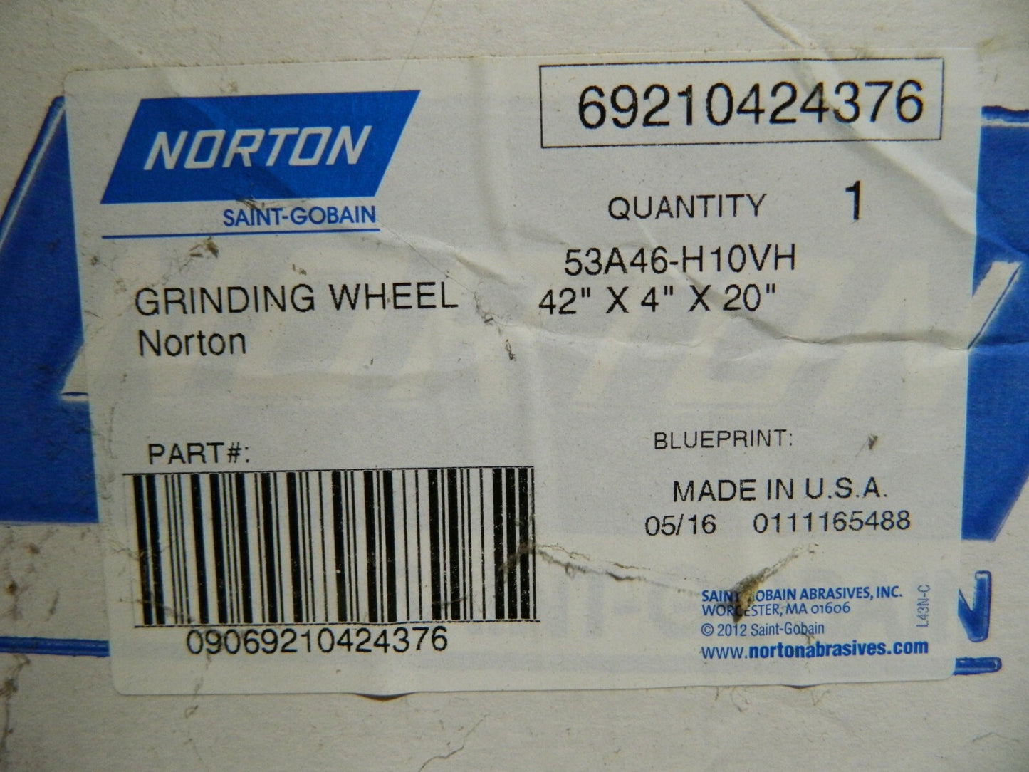 Norton Surface Grinding Wheel 42" Dia. 4" Thick 20" Hole 53A46-H1