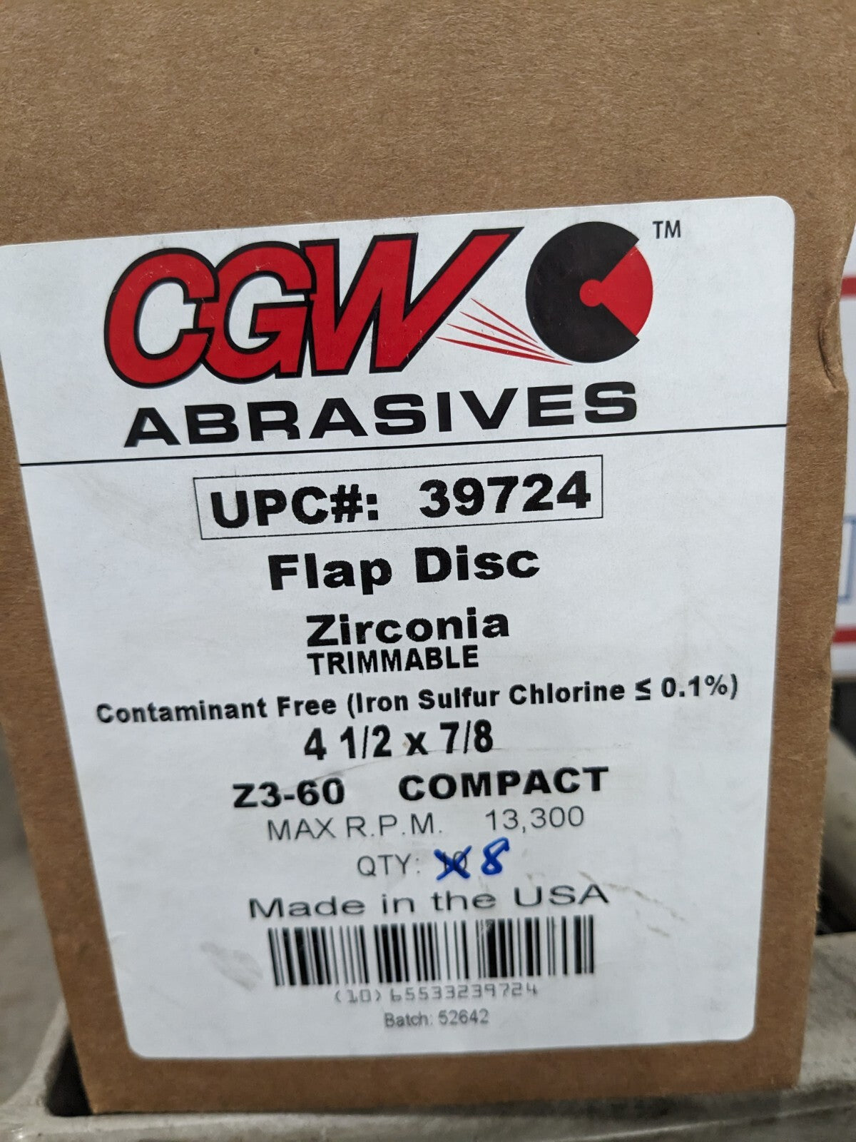 CGW Flap Disc: 4-1/2 Dia, 7/8 Hole, 60 Grit, ZA, Type 27 Qty 8 39724