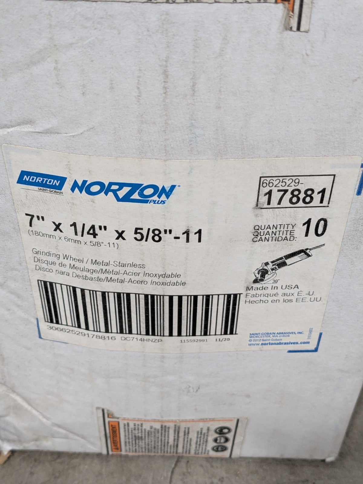 (10) Norton Depressed-Center Wheel: 7" Dia, 1/4" Thick, 5/8-11 Hole 66252917881