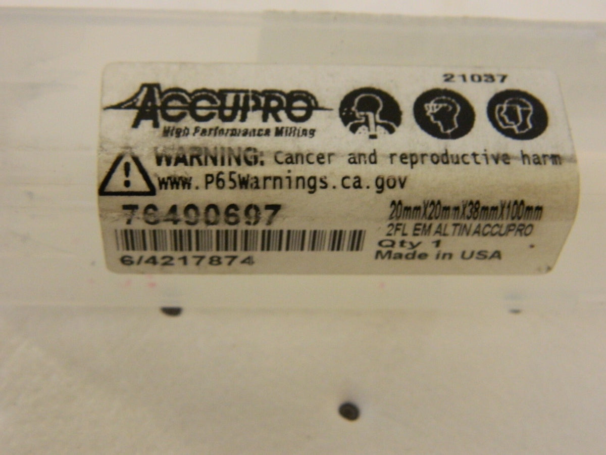 ACCUPRO Square End Mill: 20 mm Dia, 38 mm LOC, 2 Fl Carbide 12181559