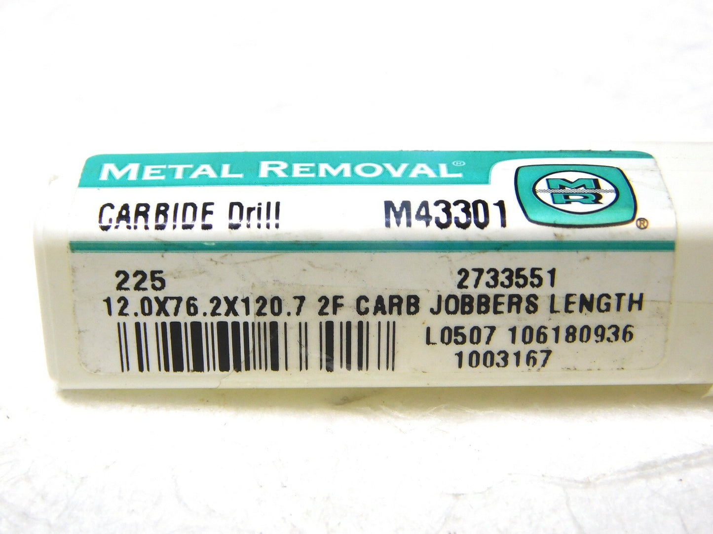 Metal Removal Carbide Jobbers Lgth Drill 12mm Dia 76.2mm LOC 120.7mm L M43301
