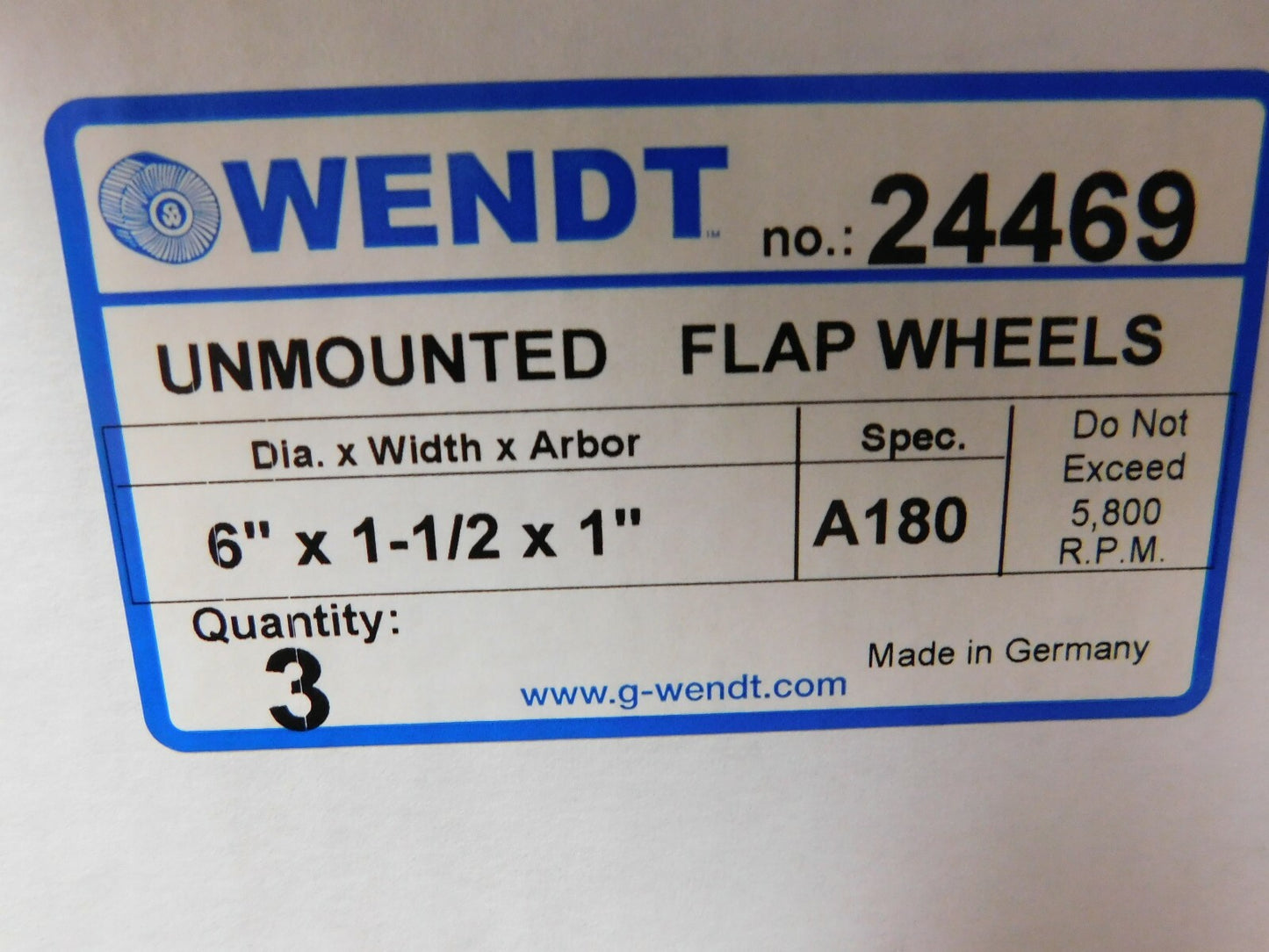 Wendt 6" Diam 180 Grit Aluminum Oxide Unmounted Flap Wheel QTY 3 01042779