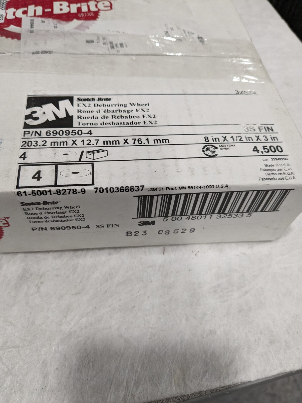 3M EX2 Deburring Wheel, 8 in x 1/2 in x 3 in 8S FIN, Qty 4 7010366637