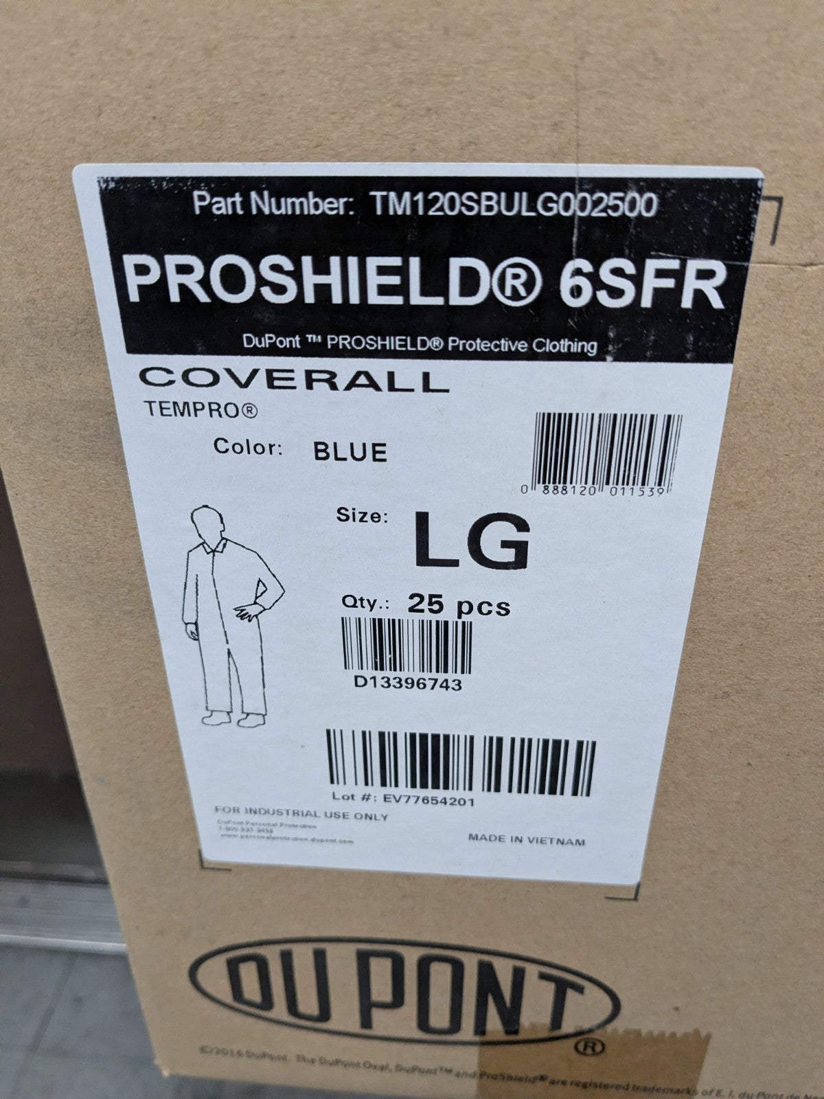 Case of 25 DuPont ProShield 6SFR Coveralls Collared Blue Sz LG TM120SBULG002500