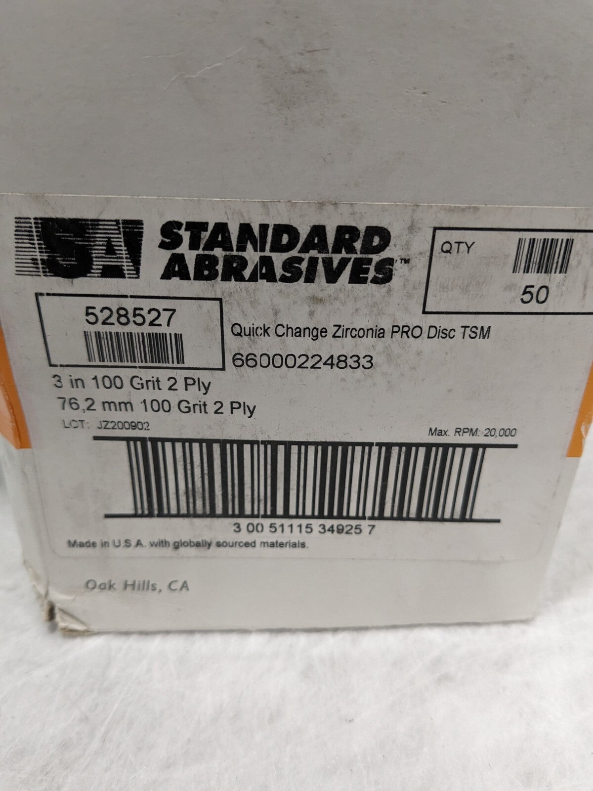SA Quick-Change Disc: TSM, 3" Dia, 100 Grit, ZA, Coated Qty 50 7100074485