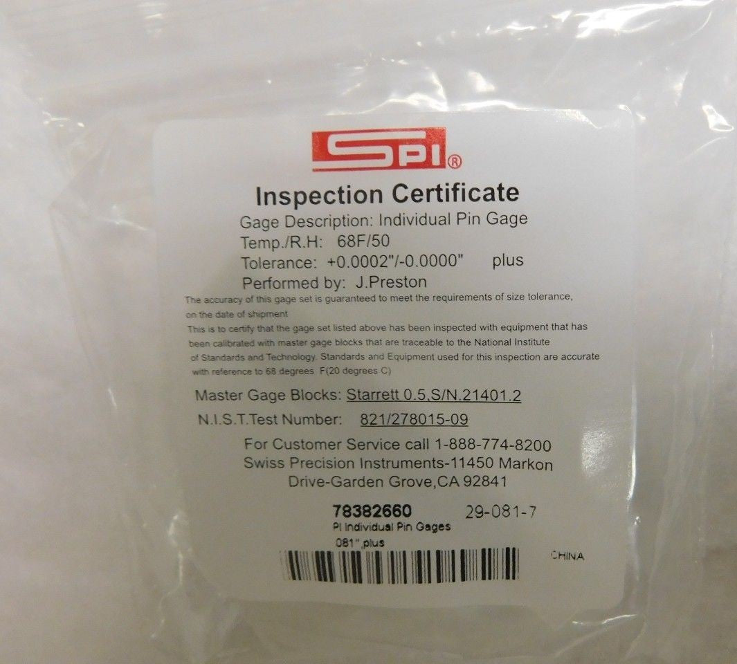 SPI Class ZZ Plus Plug and Pin Gage 0.081 Inch Diameter Qty 15 78382660