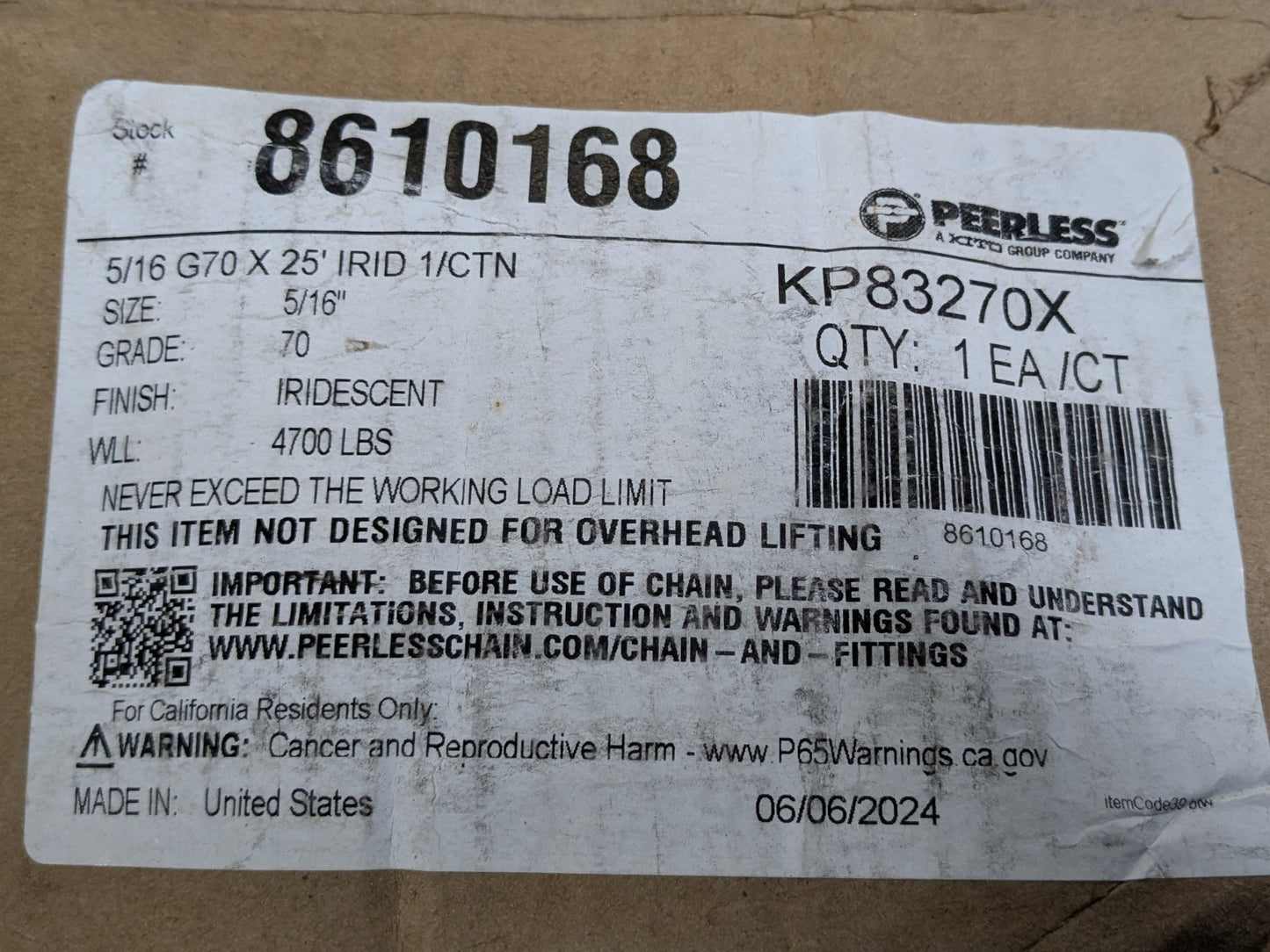 Peerless 25 Ft. x 5/16 In. Welded Transport Chain 4700 Lb. Load Limit KP83270
