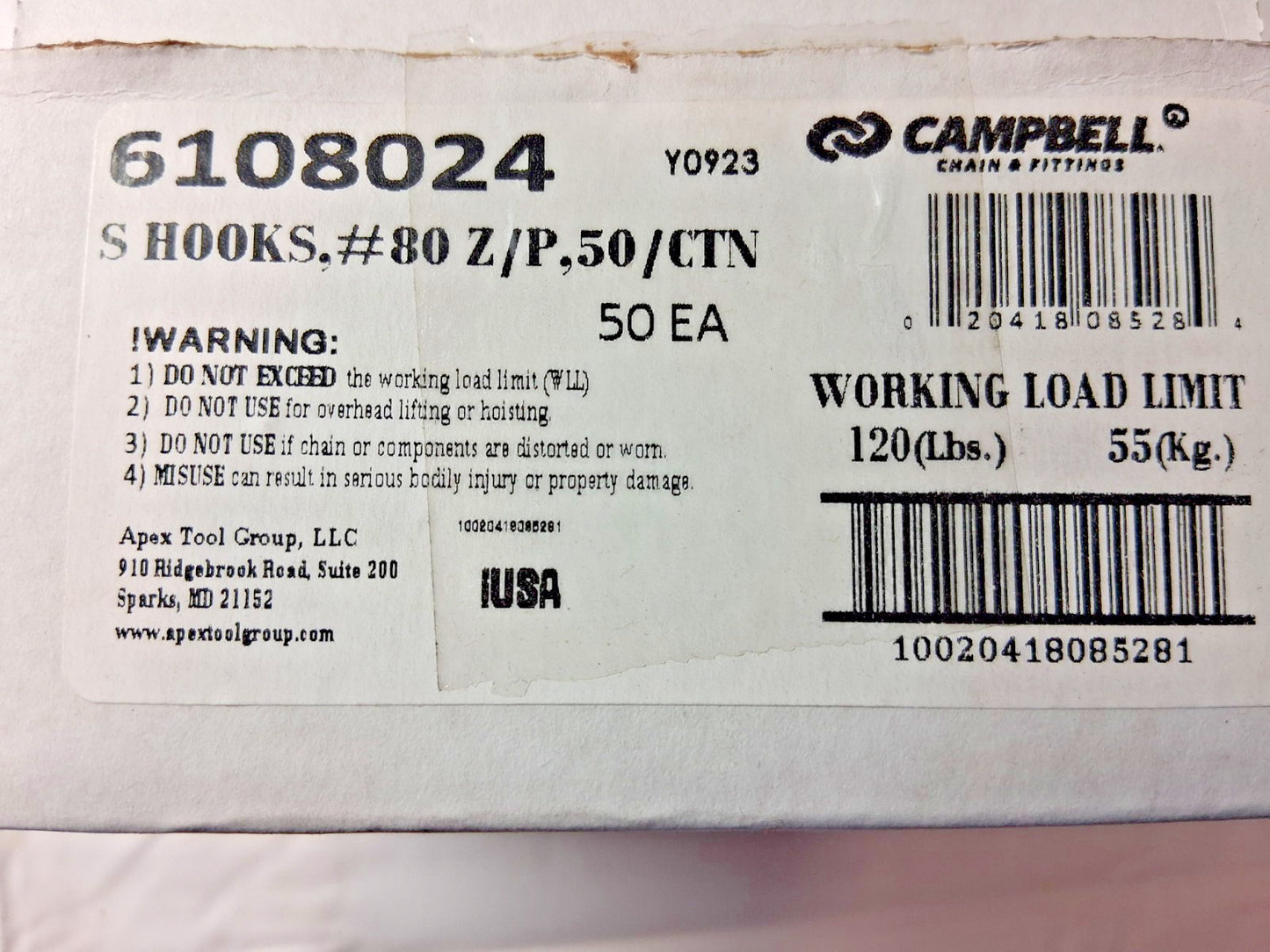 Campbell Carbon Steel Zinc Plated S-Hooks QTY50 Trade Size #80 6108024