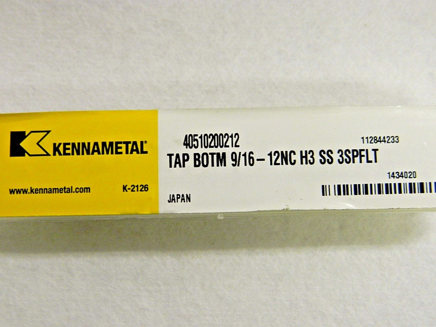 Kennametal HSS Spiral Flute Bottoming Tap 9/16-12 UNC H3 3FL 1434020