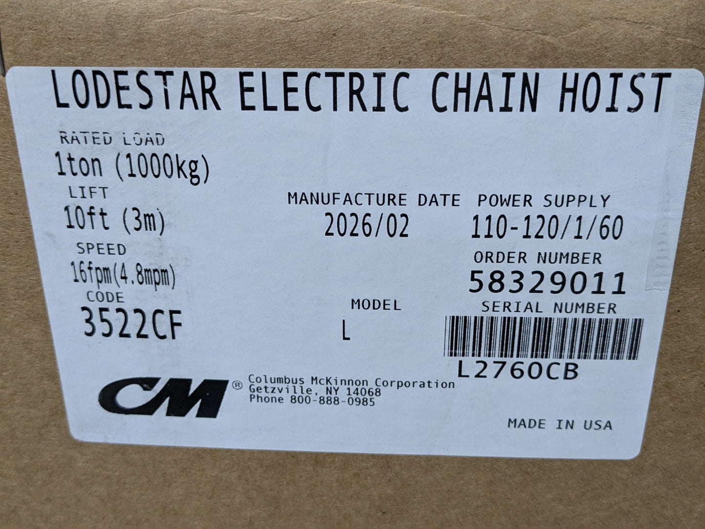 CM Lodestar Electric Chain Hoist 1 Ton Capacity 10 Ft Lift 16 FPM 110v 3522CF