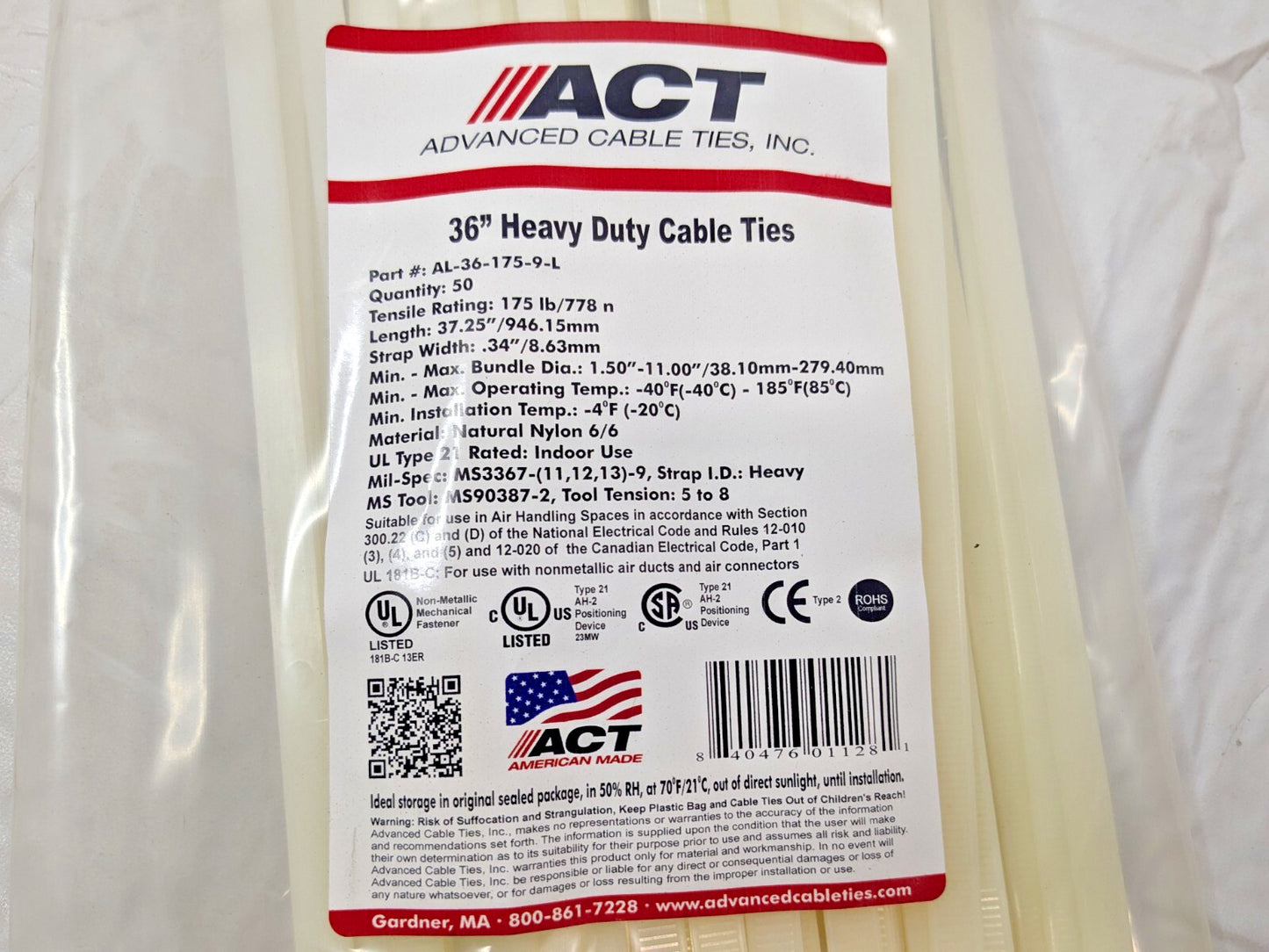PACK OF 50 ACT 36" Heavy Duty Cable Ties AL-36-175-9-L