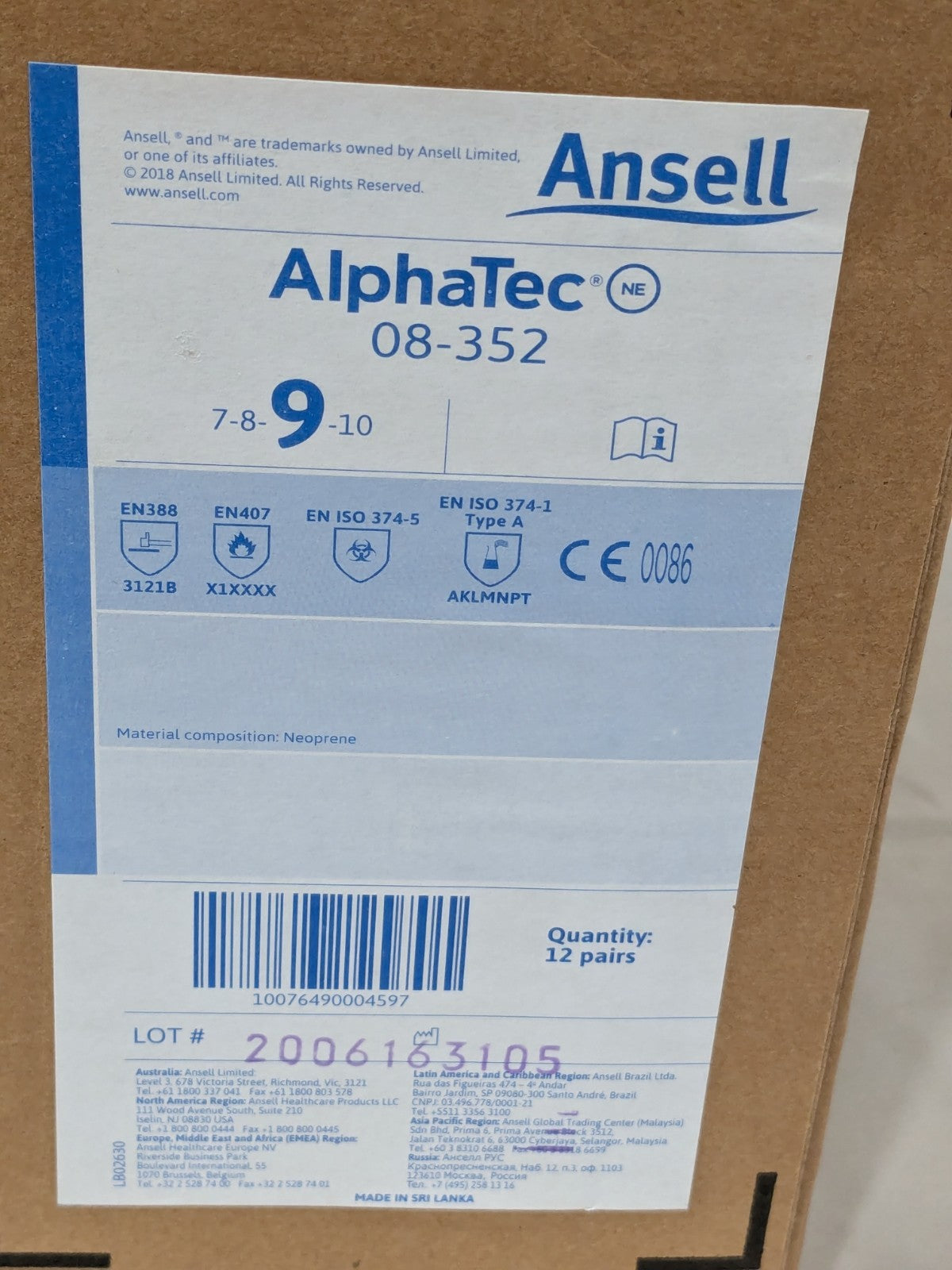 Ansell Chemical Resistant Gloves: AlphaTEC™ 08-352, Se L Box of 12 Pairs 212512