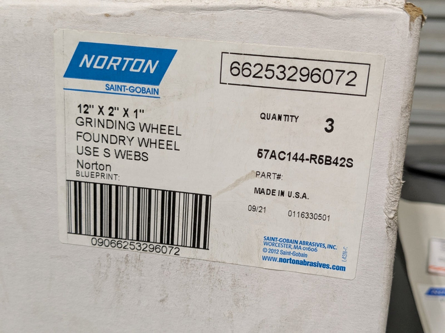 Lot of 3 Norton Foundry Grinding Wheel 12" x 2" x 1" 66253296072