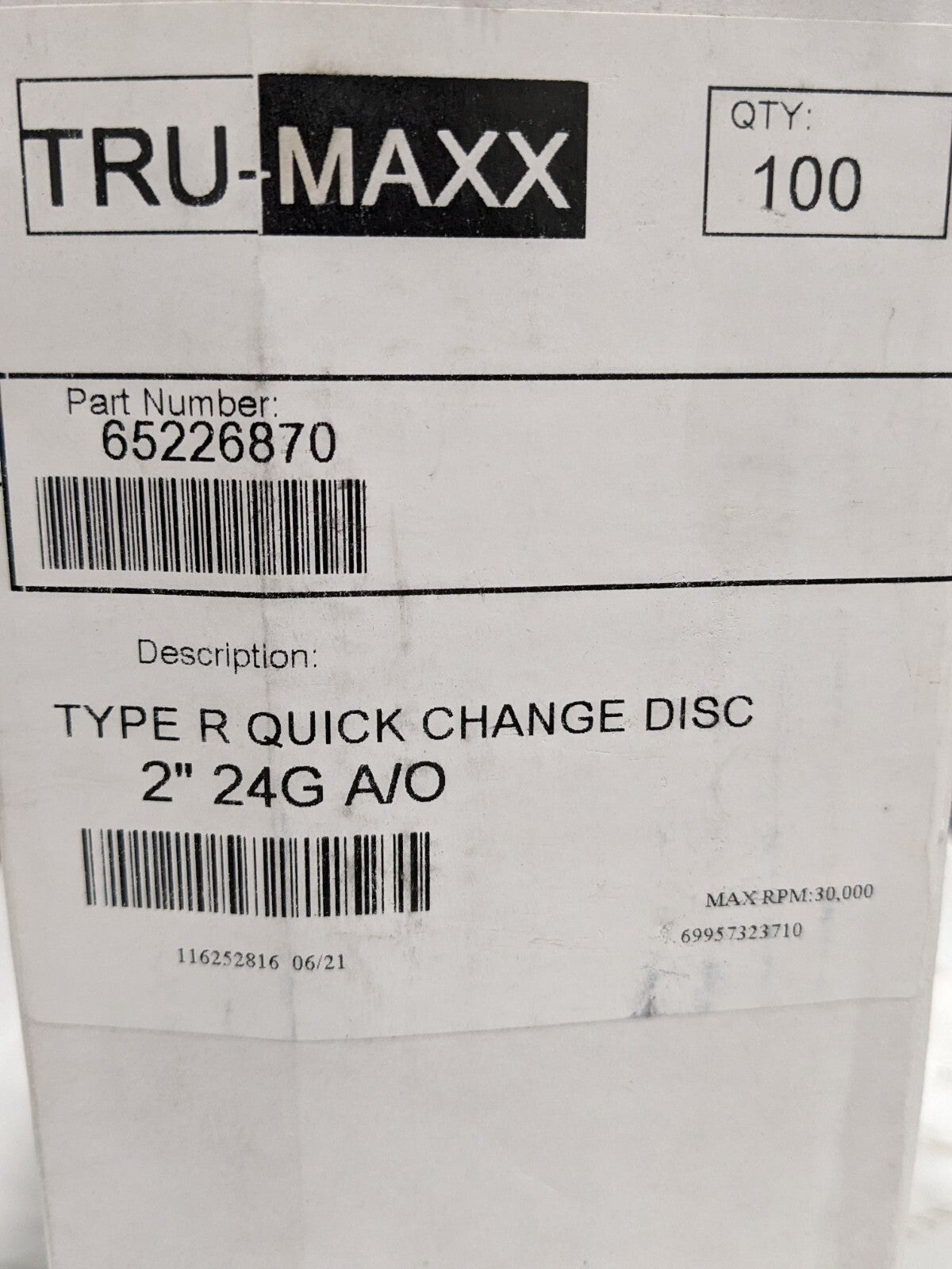 TRU-MAXX Quick-Change Disc: Type R, 2" Dia, 24G, AO, Coated Qty 100 6995732