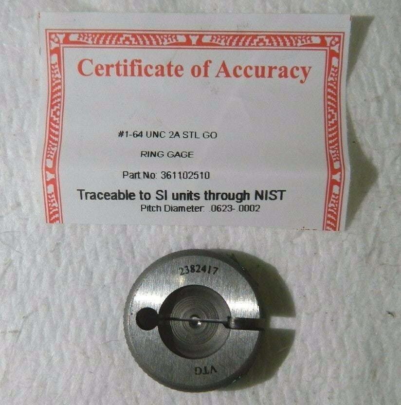 Vermont Gage No. 1-64 Thread Single Ended Ring Thread Go Gage 361102510