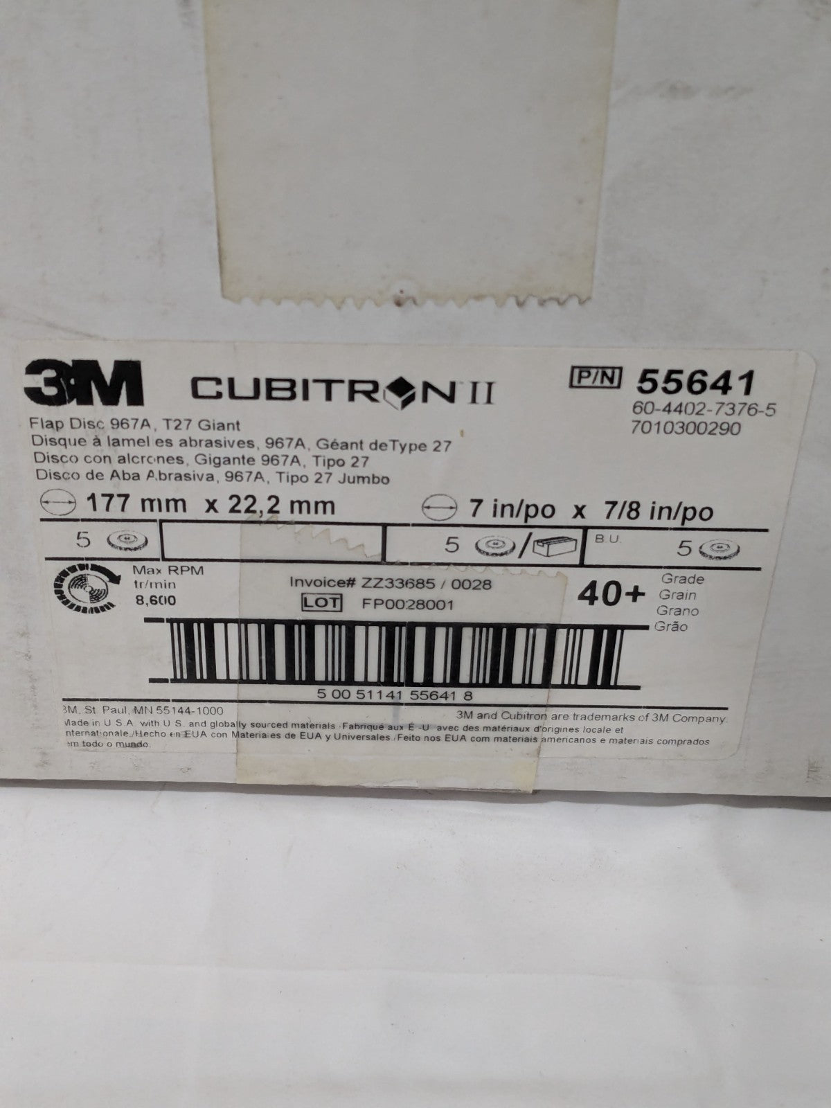 3M Flap Disc: 7" Dia, 7/8" Hole, 40 Grit, Type 27 Box of 5 7010300290