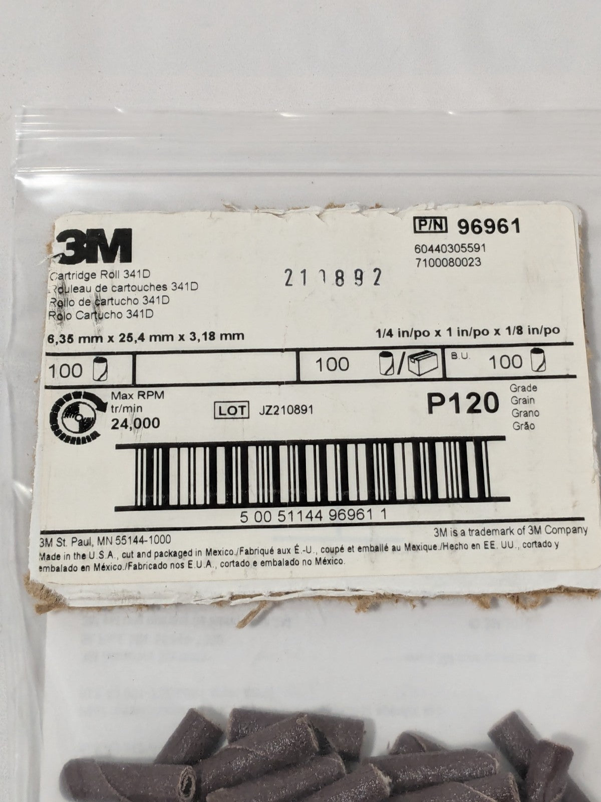 3M Straight Cartridge Roll: 1/4" Dia, 120 Grit, AO Pack of 100 7100080023