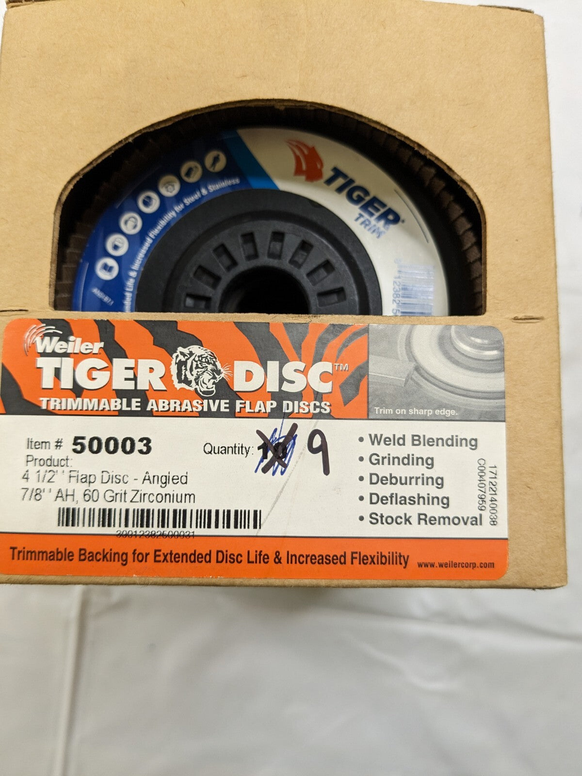 WEILER Flap Disc: 7/8" Hole, 60 Grit, Zirconia Alumina, Type 29 Qty 9 50003