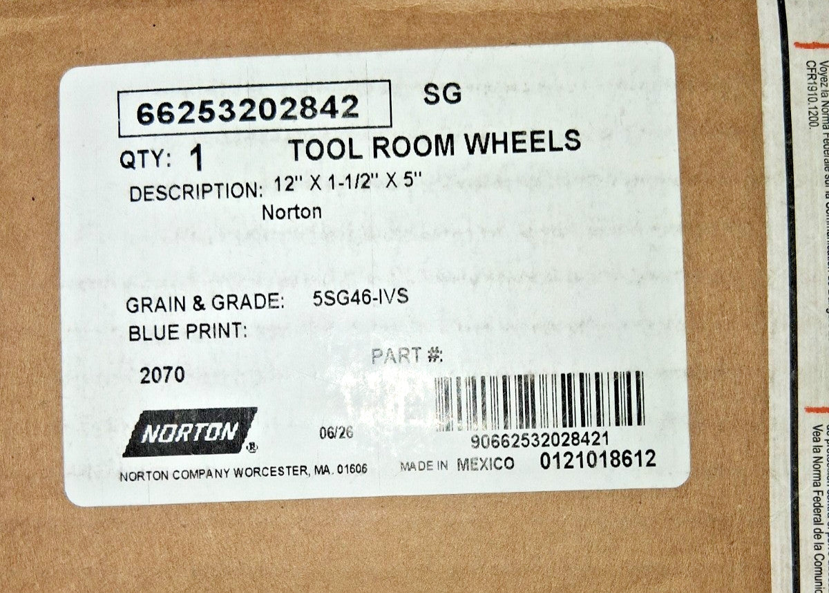 Norton Surface Grinding Wheel 12" Dia 1-1/2" Thick 5" Arbor 46 Grit 66253202842