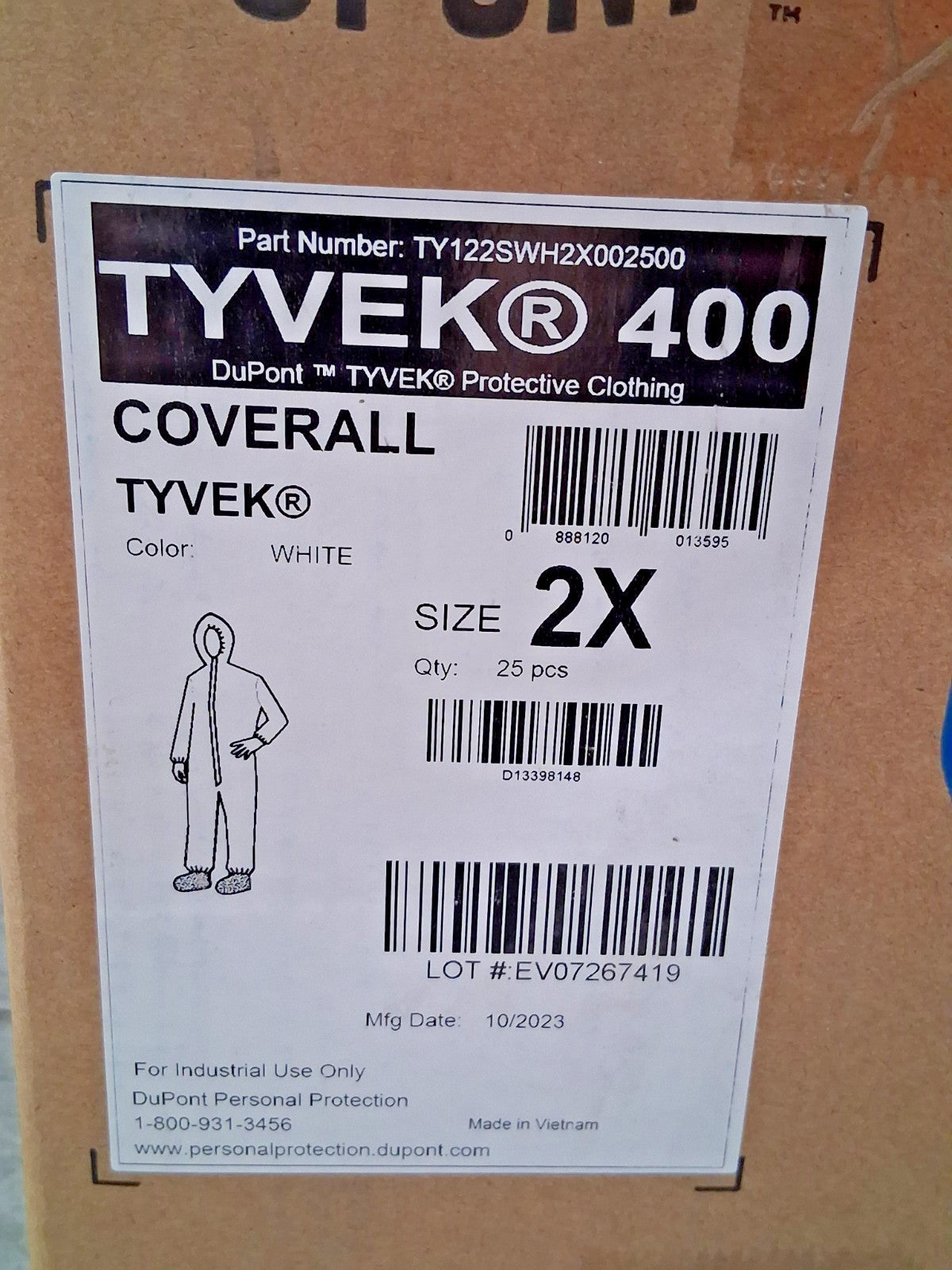 Dupont Disposable Abrasion Protection Coveralls Size 2XL 25PK TY122SWH2X002500