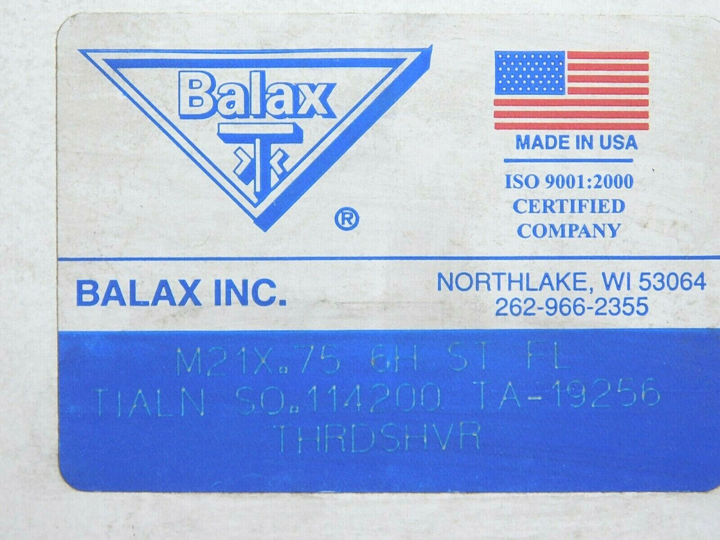 PACK of 3 Balax Straight Flute Taps TiALN M21x.75 6H 8FL SO.114200 TA19256
