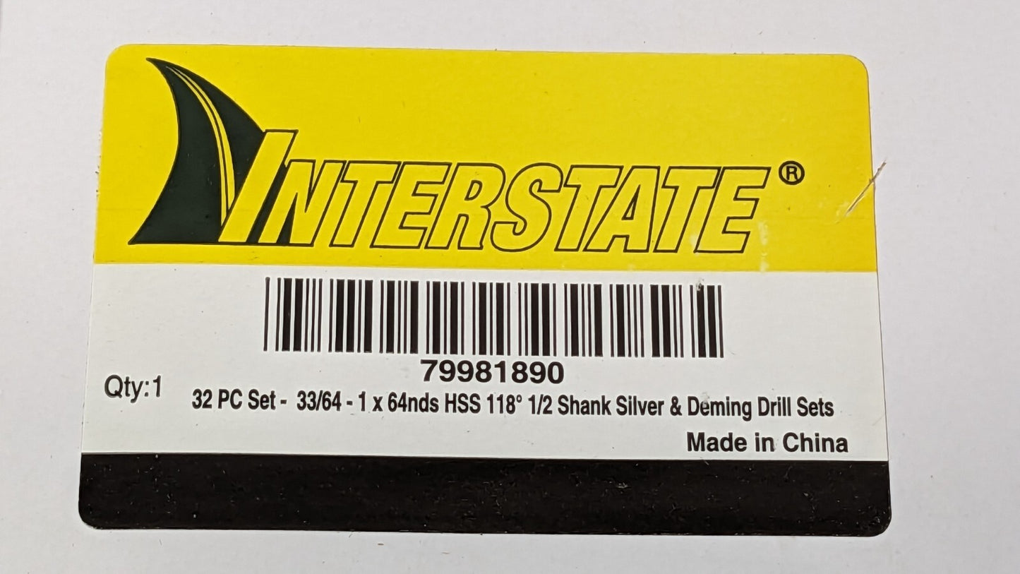 Interstate 32 Piece Drill Bit Set HHS 33/64" to 1" X 64nds X 1/2" SD 79981890