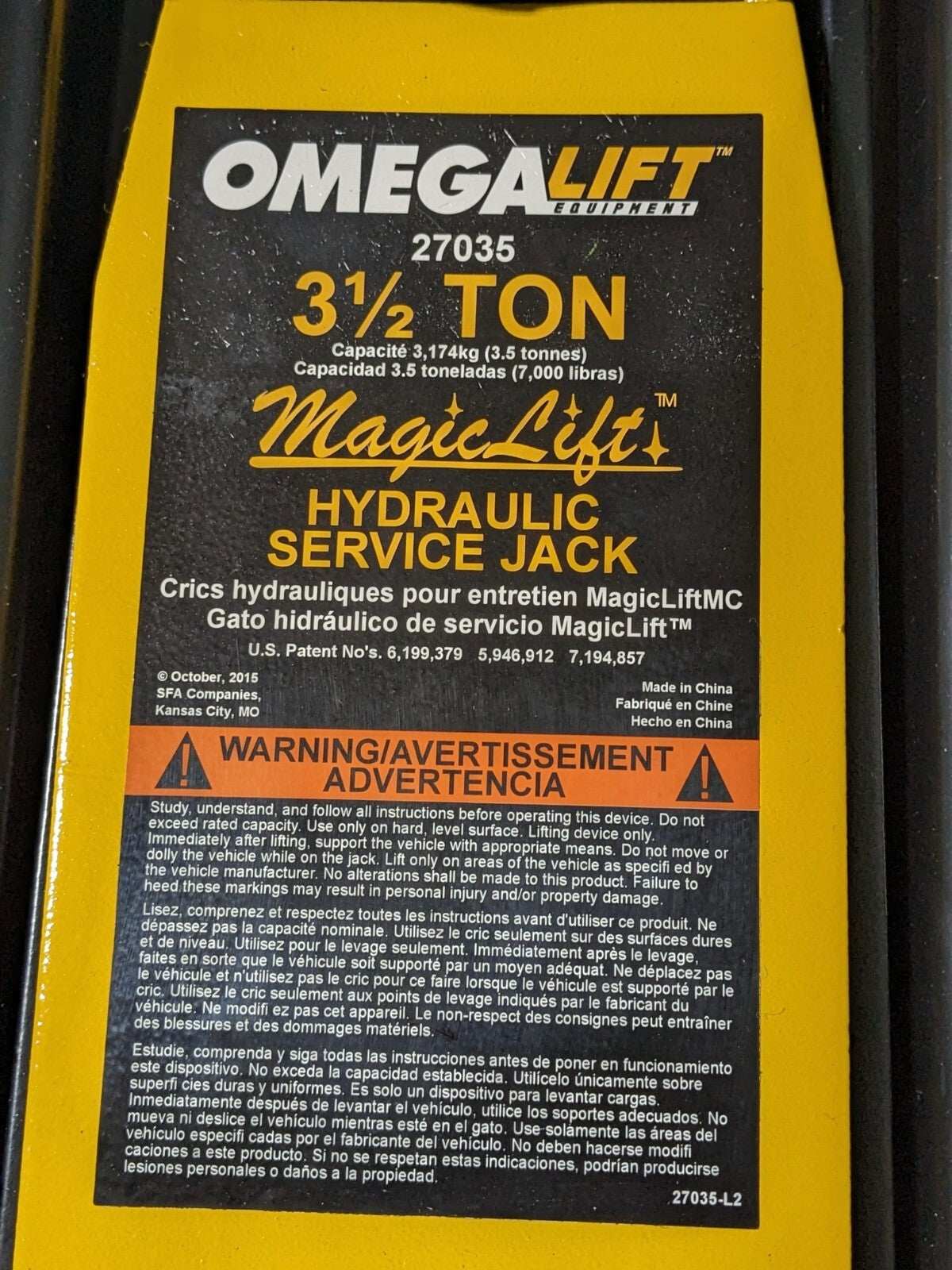 Omega Magic Lift Hydraulic Service Jack 3-1/2 Ton Capacity 21-5/8" Max Height