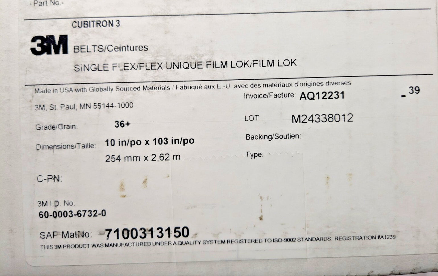 3M Cubitron3 Cloth Belt 1184F 10" X 103" Grade 36+ YF-Weight 7100313150