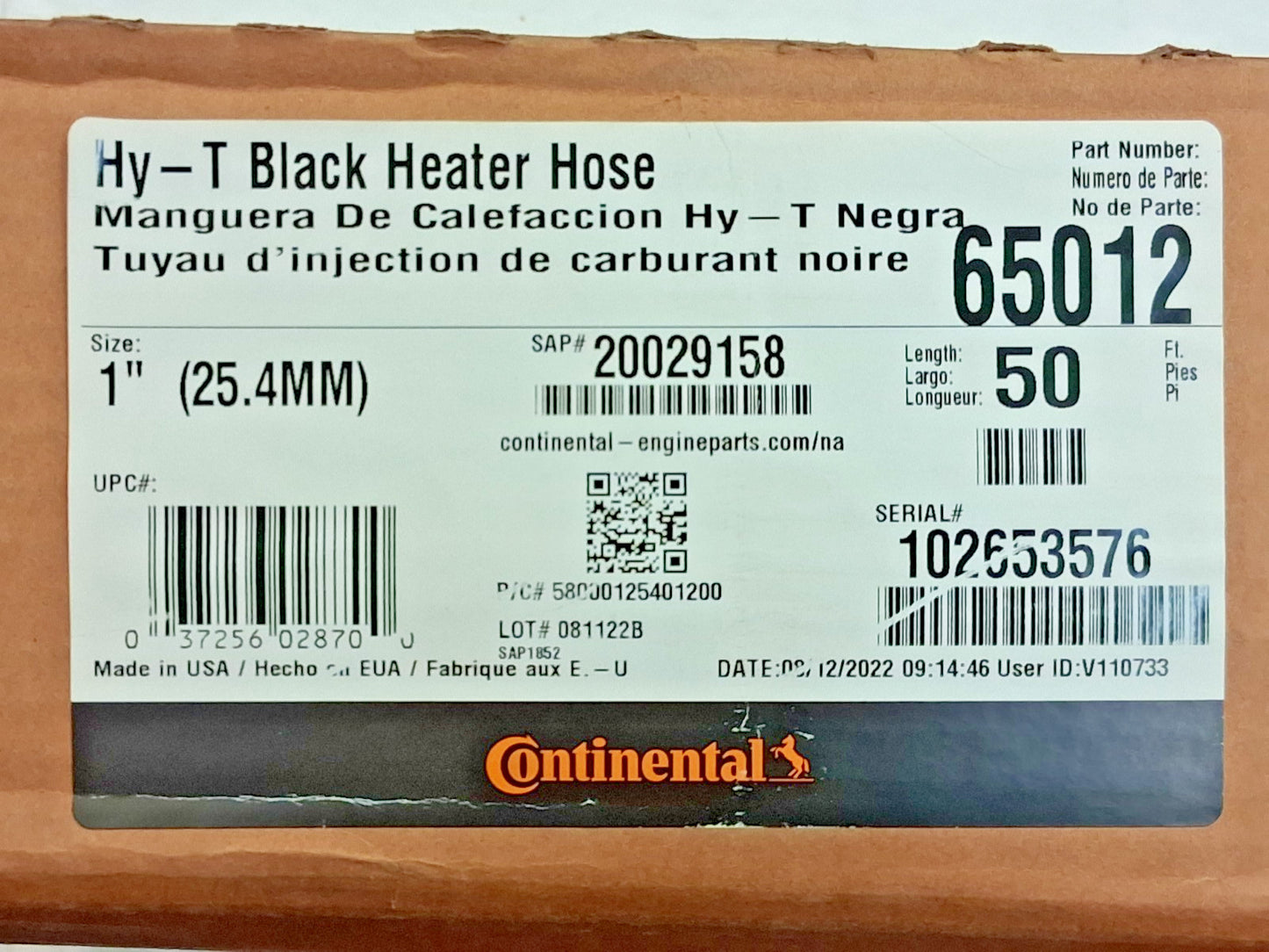 Continential Contitech Automotive Heater Hose 50Ft Long 1" Dia 20029158
