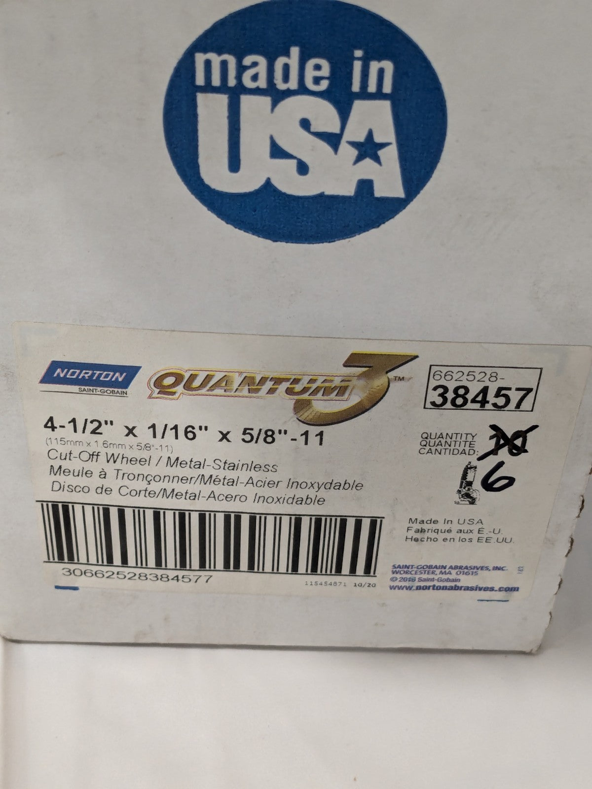 (6) Norton 4-1/2 x 1/16 x 5/8-11 Type 27/42 Depressed Center Wheels 66252838457