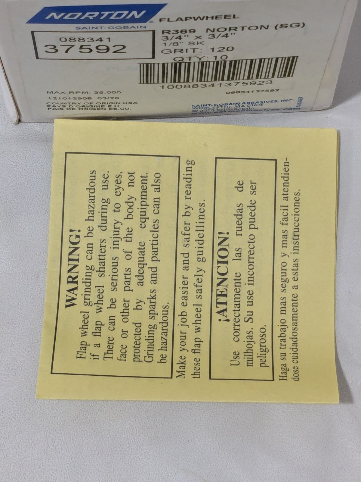 Norton Mounted Flap Wheel: 3/4" Dia, 3/4" Face Width, 120G Qty 10 08834137592