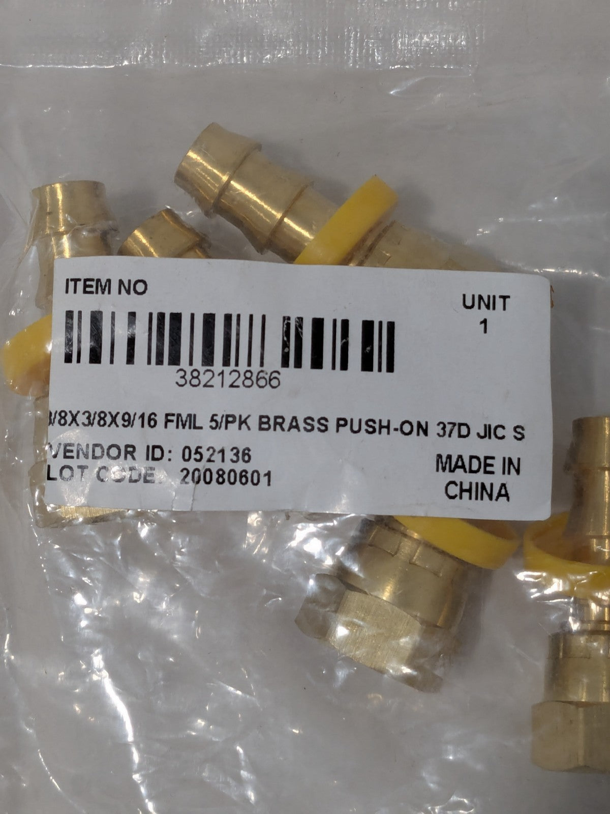 Barbed Push-On Hose Female Connector: 9/16" UNF, Brass Qty 5 38212866
