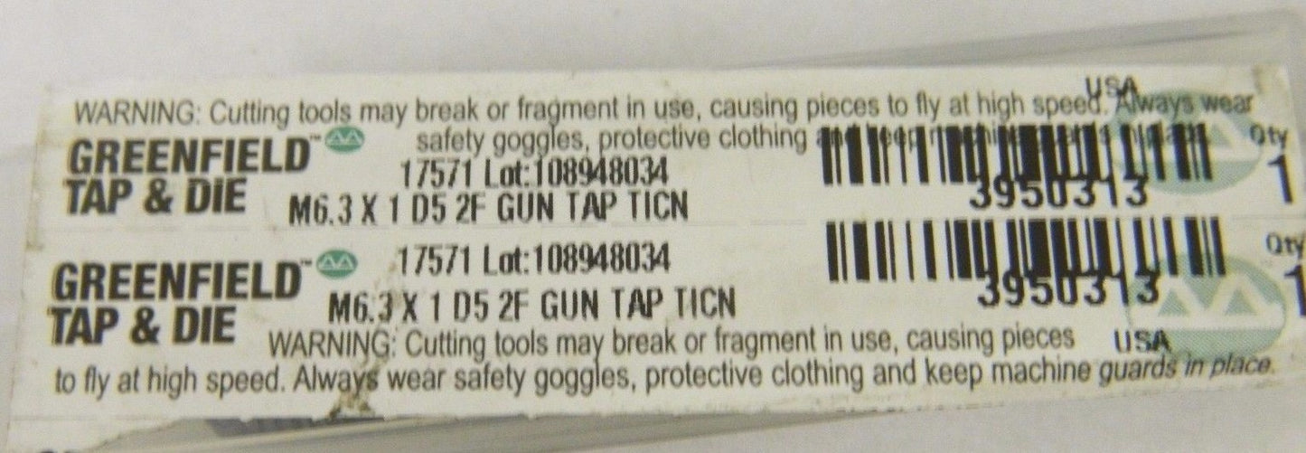 BOGO ( 2 per sale ) Greenfield Gun Taps M6.3 x 1 D5 2FL Spiral Point USA #17571