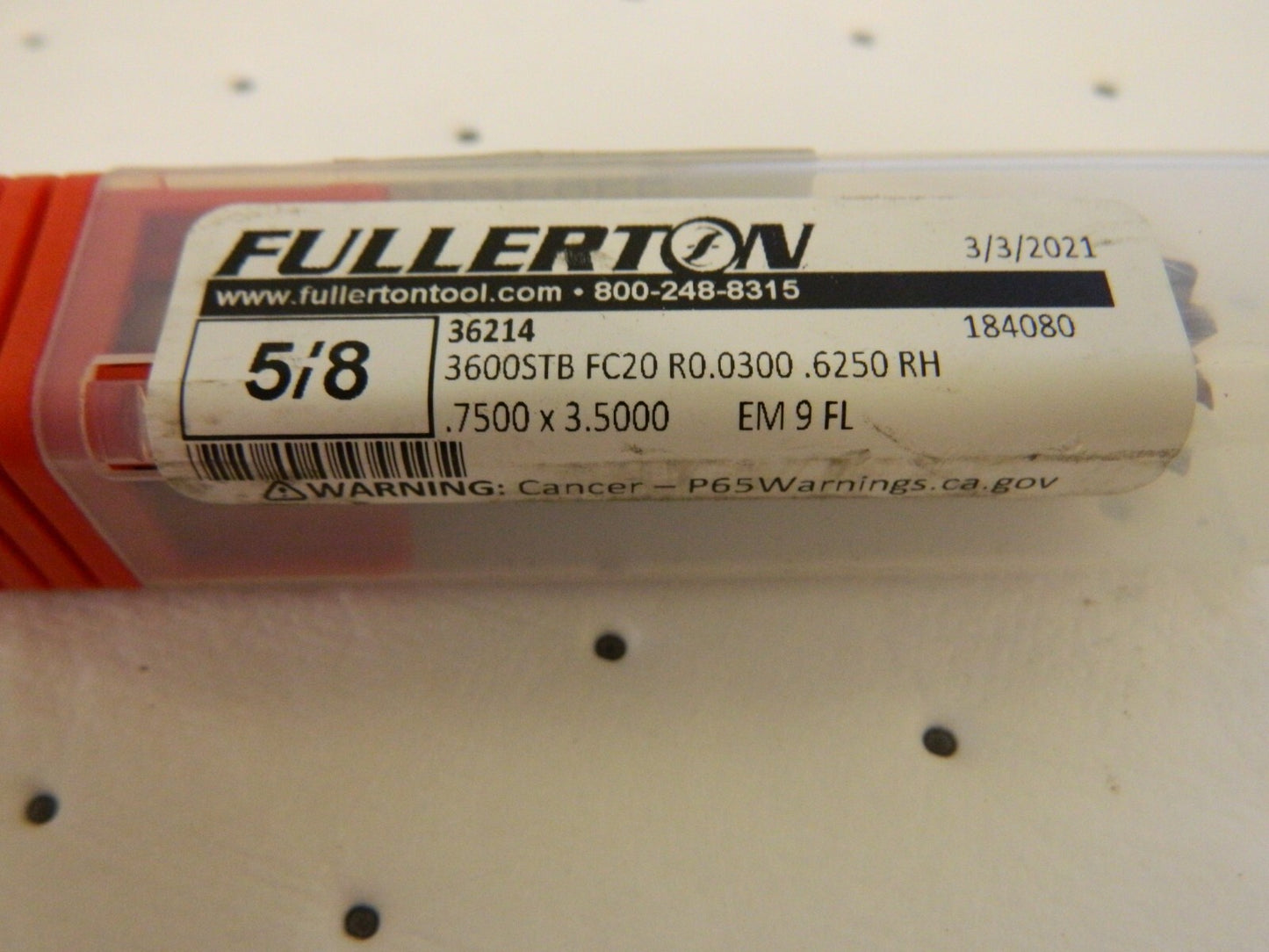 Fullerton Tool 5/8"x5/8"x3/4"x3-1/2" Solid Carbide Radius End Mill 36214