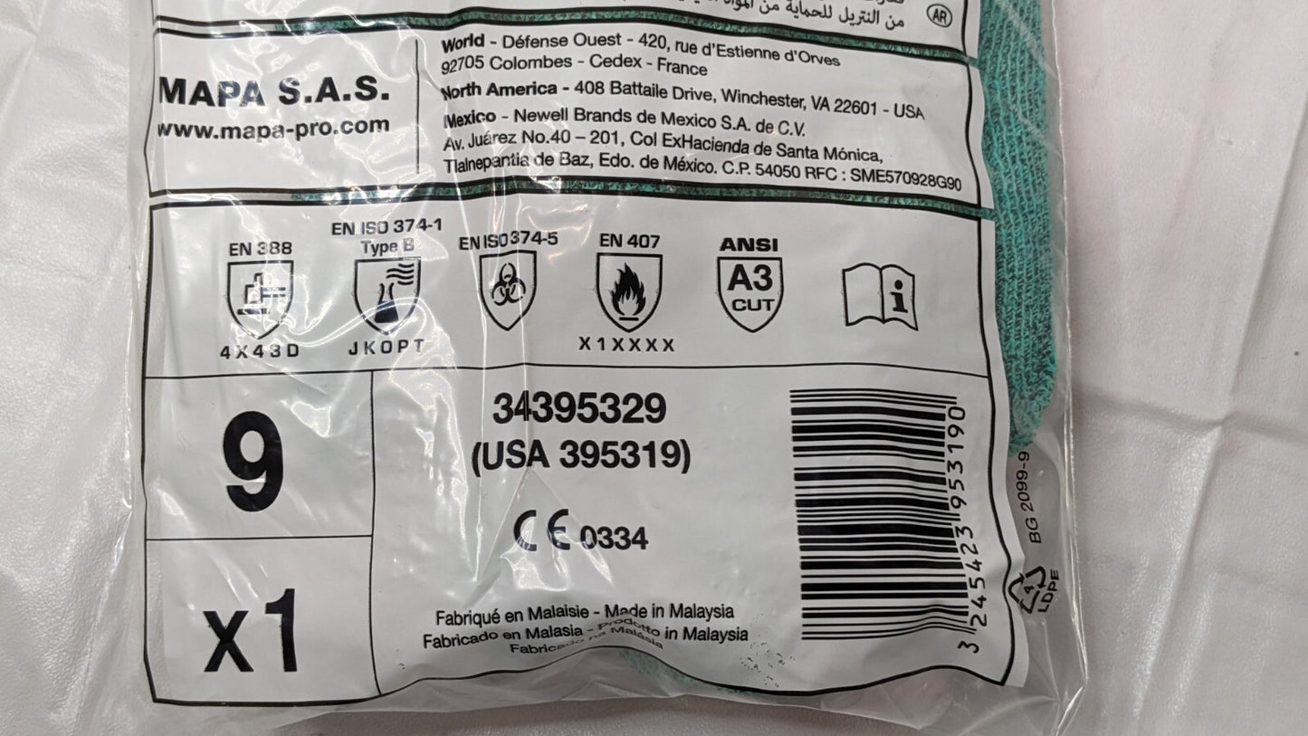 4 PAIRS MAPA KryTech 395 Cut & Chemical Resistant Gloves Green Size 9 395319