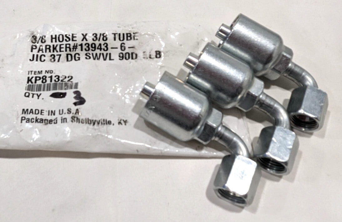 PARKER Hydraulic Hose Female JIC Swivel Elbow 3/8 x 3/8 x 6mm KP81322 *QTY 3*