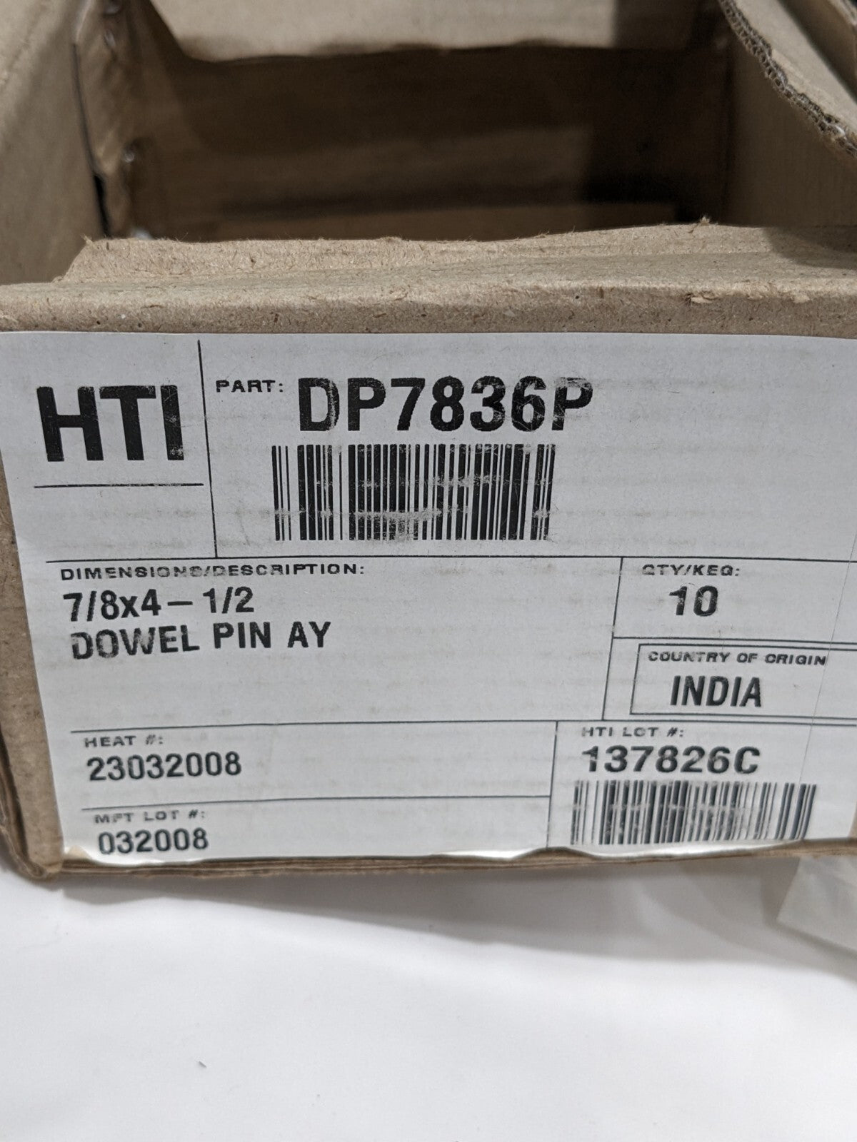Dowel Pin: 7/8" Dia, 4-1/2" OAL, Alloy Steel, Grade 8 Qty 10 241463BR