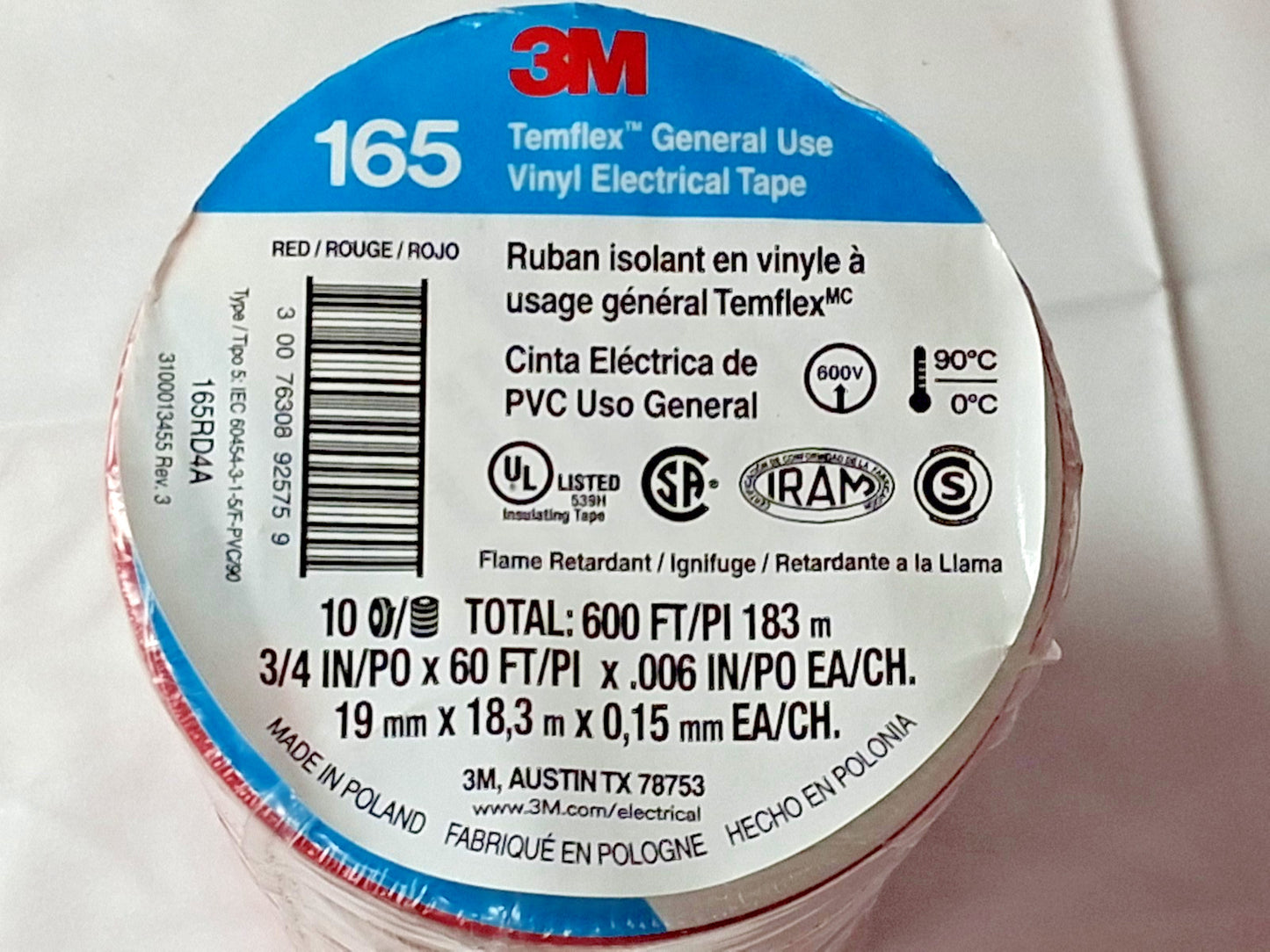 3M Red Electrical Tape 3/4" W 60'L 6 mil Thick Pack of 10 7100169492