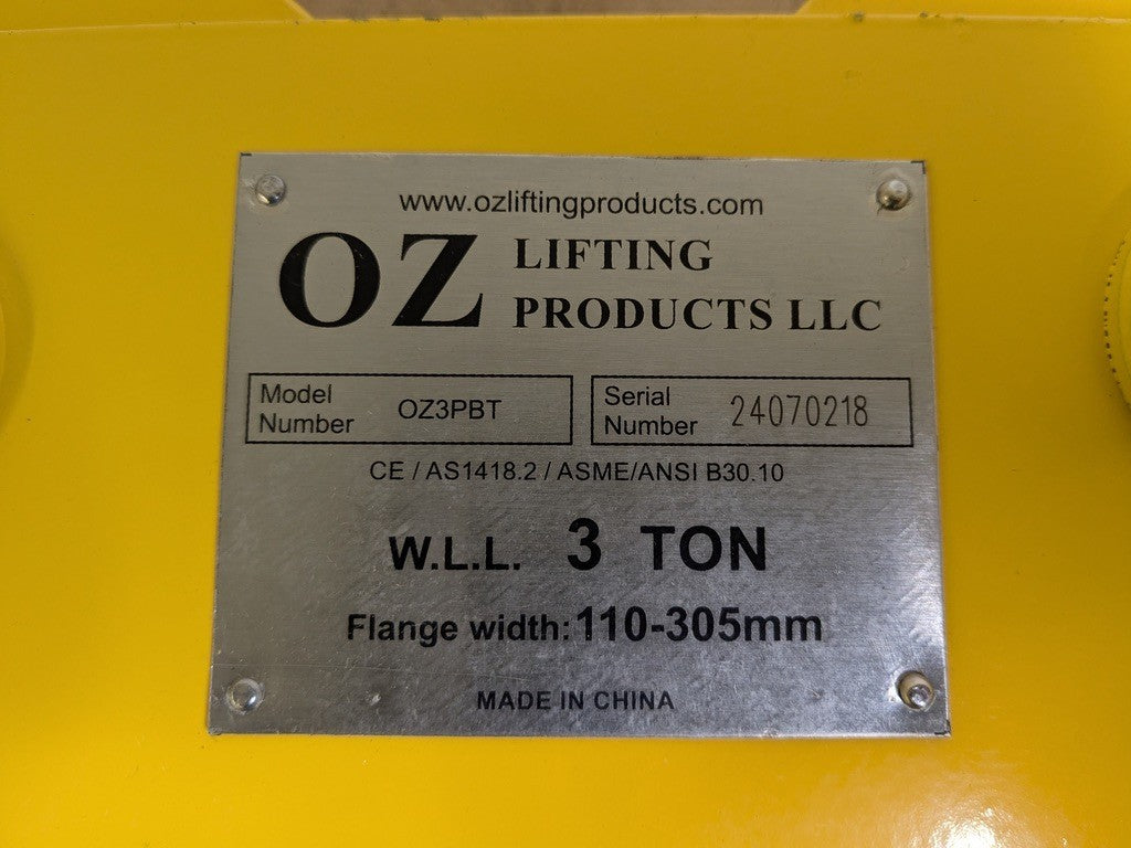 Oz Lifting Products 3 Ton Push Beam Trolley OZ3PBT Parts / Repair