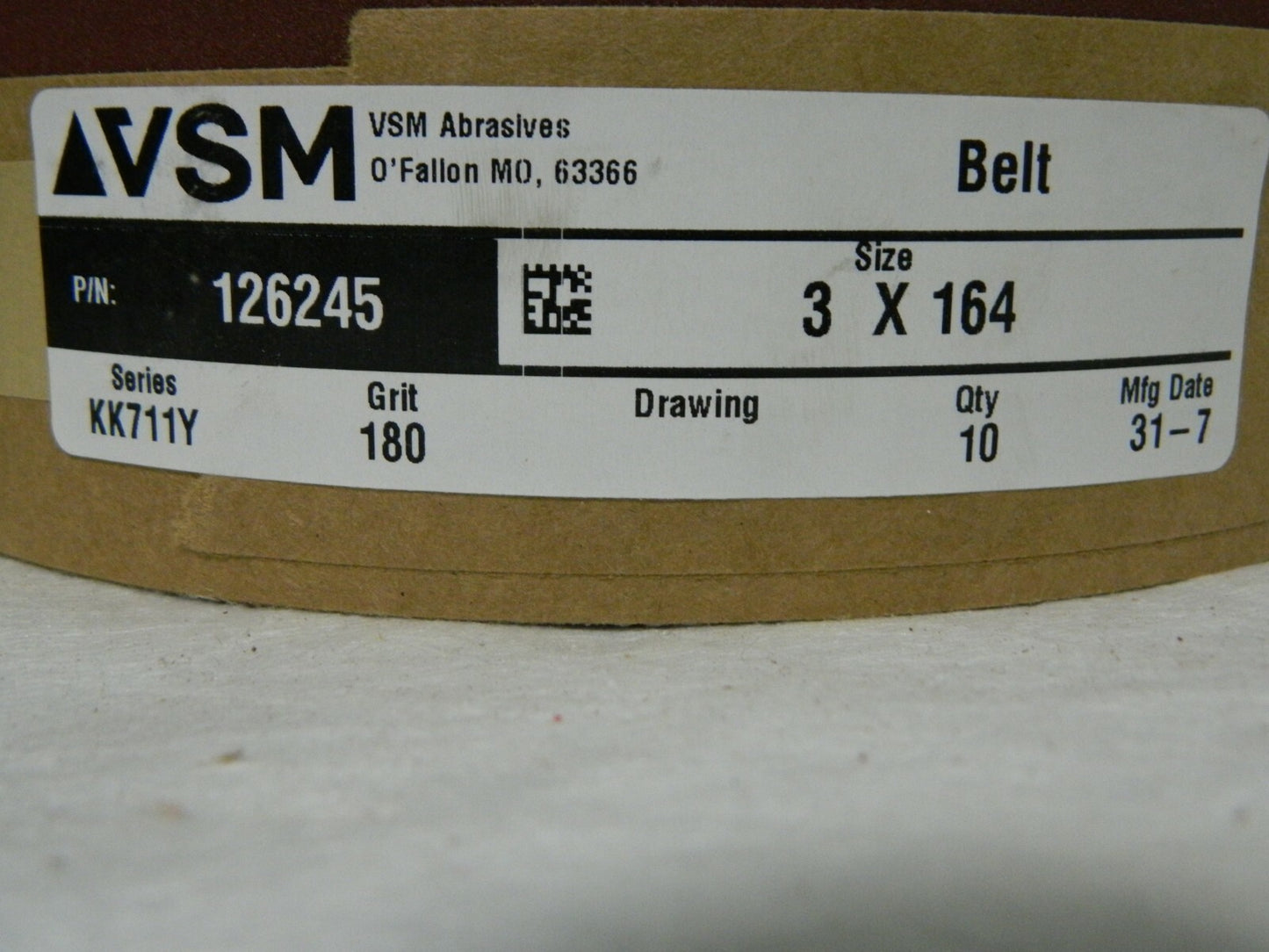 VSM A/O Abrasive Belt Series KK711Y 3"X164" 180 Grit Qty 10 126245