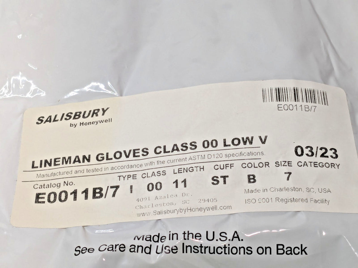 Honeywell Salisbury Rubber Insulating Gloves Class 00 Size 7 11'' Black E0011B/7