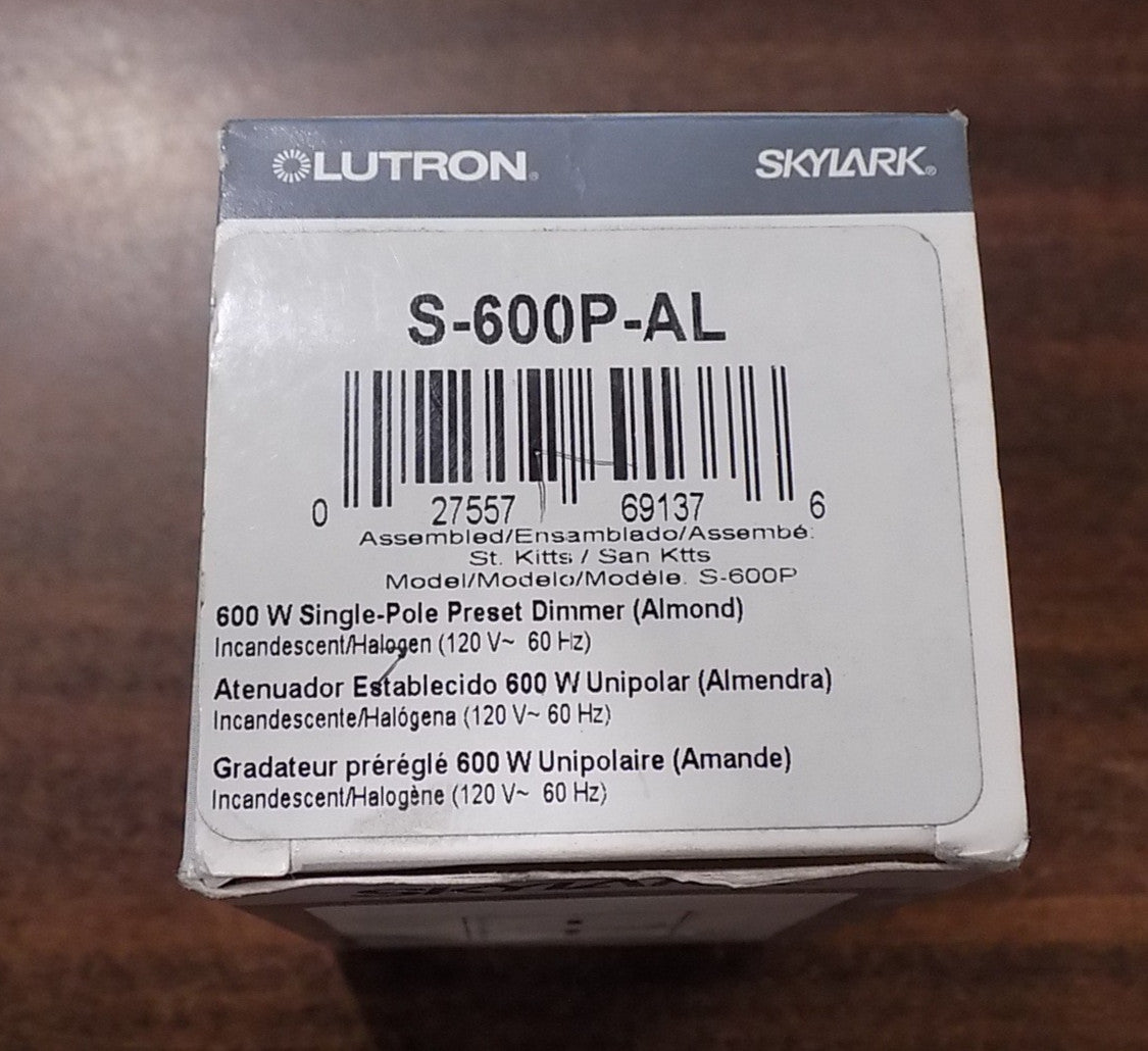 Lutron S-600P-AL Skylark 600W Single Pole Preset Dimmer w/ Rocker Switch Almond