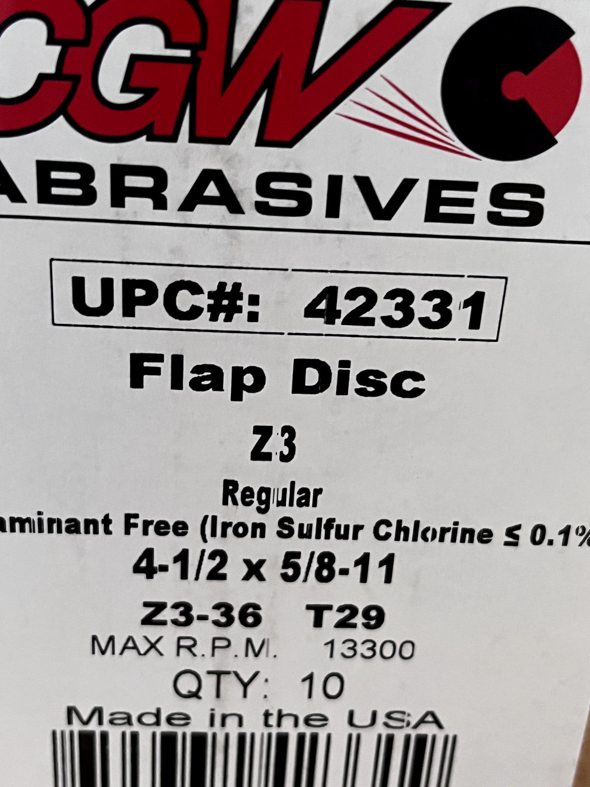 CGW ABRASIVES Flap Disc: 4-1/2" Dia, 36 Grit, Zirconia Alumina, Type 29 QTY 10