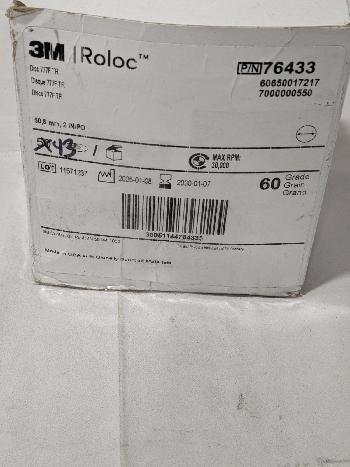 3M Quick-Change Disc: Roloc TR, 2" Dia, 60 Grit Qty 43 7000000550