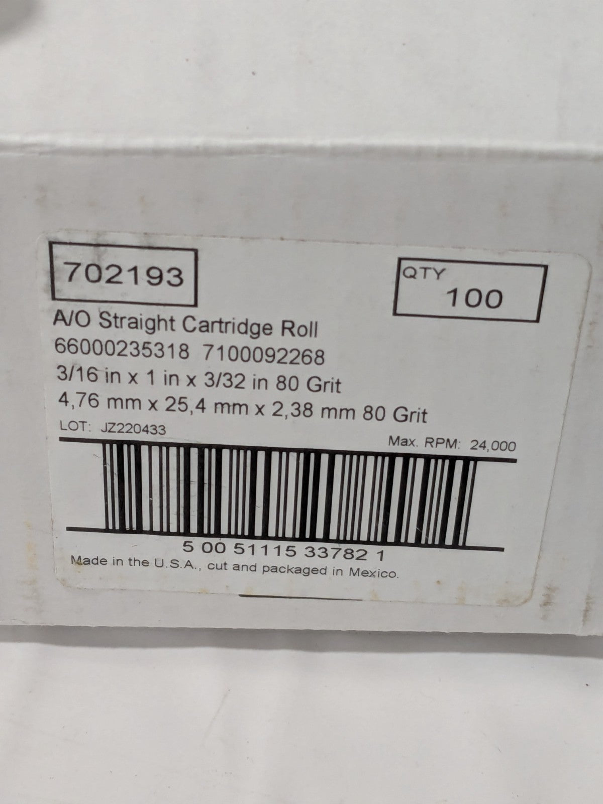 (100) SA Straight Cartridge Roll: 3/16" Dia, 80 Grit, Aluminum Oxide 7100092268