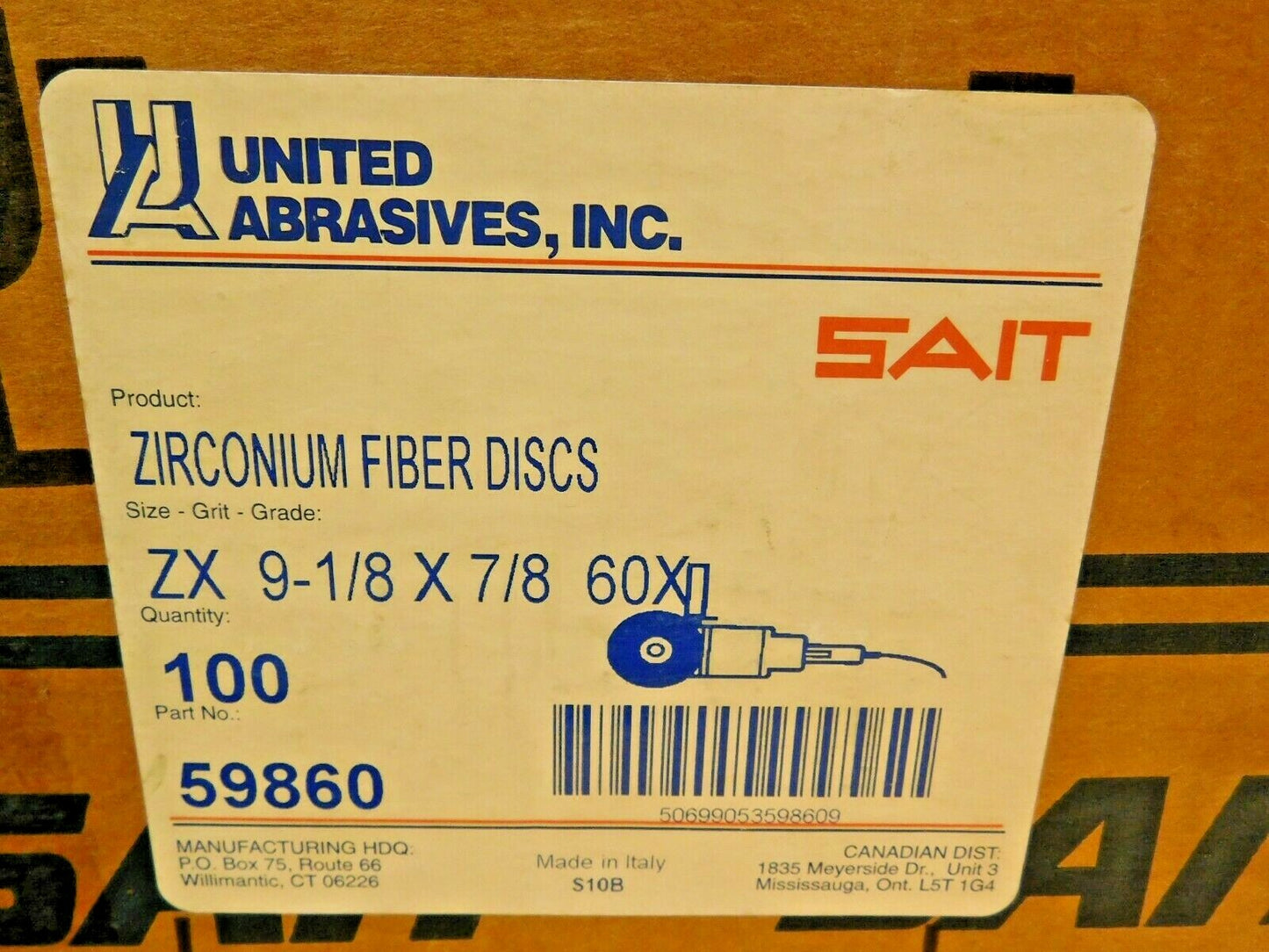 BOX of 100 United Abrasives SAIT Zirconium Fiber Discs 9-1/8" x 7/8" 60G 59860