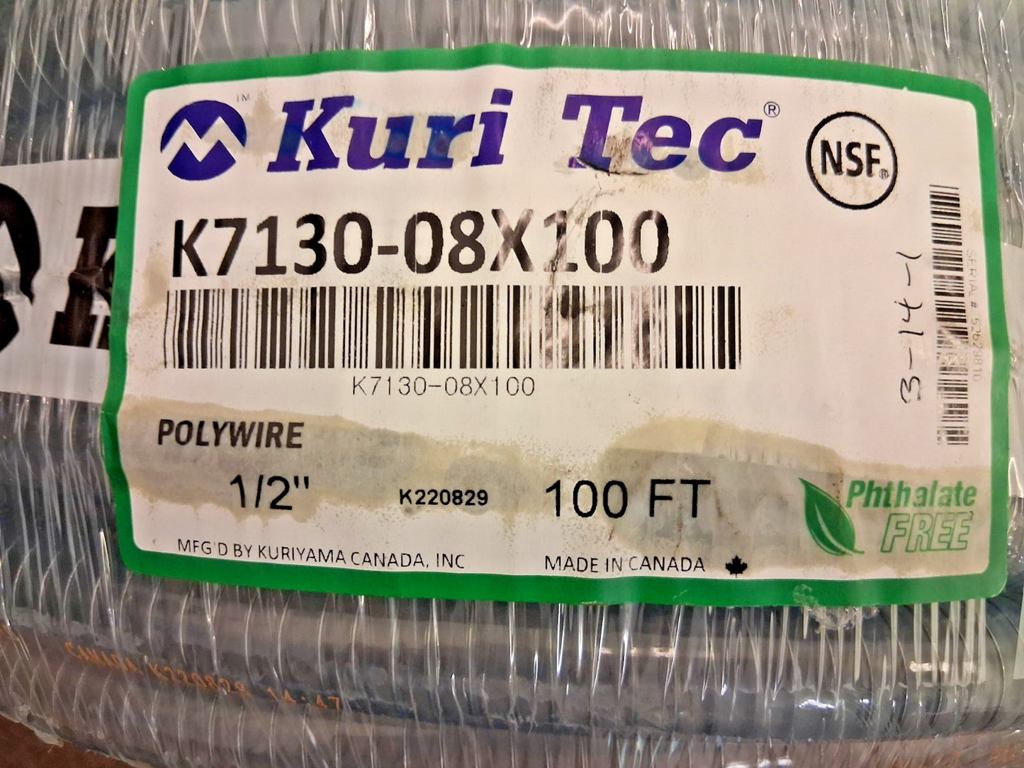 Kuri Tec Long Reinforced PVC Tube 1/2" ID .813" OD 100ft Long K7130-08