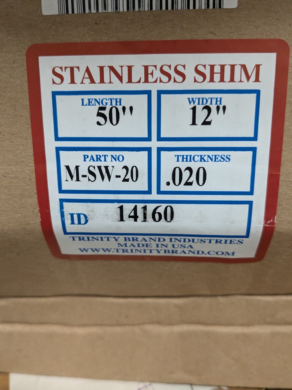 Trinity Metal Shim Stock: Roll, 0.0200" Thick, 50" L, 12" W, 302 SS M-SW-20